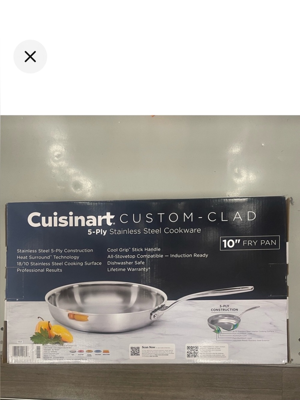 BNIB Cuisinart Custom-Clad 5 ply 10/18 Stainless Steel shallow Fry Pan size 10”